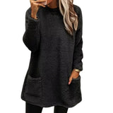 Women's Autumn And Winter New Long-Sleeved Round-Neck Casual Loose Plush Wear Pocket Top