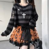 Pink Striped Gothic Sweaters Women Ripped Holes Loose Knitted Pullover Frayed Fairy Grunge Jumpers Emo Streetwear