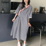 Sleeve T-shirts Women Summer New Korean Style Leisure Students Striped All-match Side-slit Popular Tops Fashion Loose