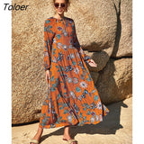 Boho Printed Dresses for Women 2023 Autumn Casual Long Sleeve Loose Swing Beach Dress High Waist Retro Maxi