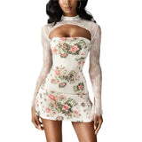 Corset Dresses for Women Fairy Grunge Floral Lace Print Hollow Out Long Sleeve Mini Dress Evening Party Dresses