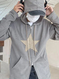 Vintage Star Patch Baggy Zip Up Hoodie-Outfit