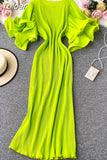 Korean Pleated Women Dress Flare Short Sleeve O-neck Causal Dresses 2023 Summer Long Robe Fashion Vestidos