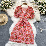 Summer Vintage Women Pleated Chiffon Dress Elegant Floral V-Neck Short Sleeve High Waist Draped A-Line Vestidos Female New