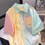 Short-sleeve Shirts for Women Patchwork Macarone Contrast Summer Blouse All-match Daily Chemise Femme Korean Chic