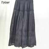 Boho Elegant White Long Skirt Women Hook Flower Hollow Folds Hem High-waisted Skirts Casual Holiday Female Clothes