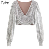 Women Sexy Deep V Neck Short Sequined Smock Blouse Lady Chic Pleats Puff Sleeve Party Wear Crop Shirts Blusas Tops