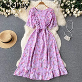 Ruffles Boho 2022 O Neck Summer floral print long split Dress Party Women high waist dress beach holiday tunic