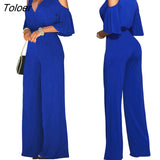 Women Sexy Off Shoulder Flare Sleeve Palazzo Wide Leg Pants Jumpsuit Vintage Elegant Loose Romper Streetwear V Neck Long