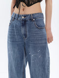 2023 Summer 2023 New Women's Jeans High Waist Graffiti Patchwork Contact Color Leather Button Denim Pants Tide