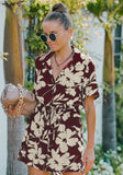Printed Casual Turn-down Collar Short Sleeves Floral Print Belted Loose