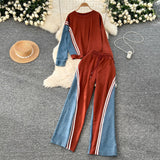 Version Of The Casual Sports Suit Women's Autumn Design Feeling Loose Collar Collar High-Waisted Denim Splicing