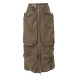 High Elastic Waist Brown Pocket Zipper Long Casual Half-body Skirt Women Fashion Tide New Spring Autumn 2023