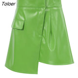 Street Pu Skirts High Waist Asymmetrical Green Chic All-Match Skirts Office Fashion Fall Zipper A-Line Mini Skirts
