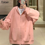 Hat Hoodies Women Zip-up Spring Autumn Front Pocket Loose Korean Style Trendy Casual Students Elegant Chic All-match