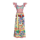 TWOTWINSTYLE Bohemian Print Dress For Women Butterfly Sleeve High Waist Casual Midi Dresses Female Summer Fashion Clothing