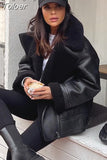 MODA Autumn Winter Women Warm Black Zipper Faux Leather Jacket Coat Loose Turn Down Collar Thickness Overcoat Female