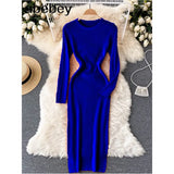 Women Autumn Knitted Dress Long Sleeve O Neck Elastic Slim Pencil Dress Korean Style Sexy Bodycon Sweater