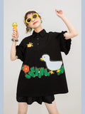 2022 Women's Black T Shirt Short Sleeve Polo-Neck Cute Cartoon Print Tees Spring Summer Tops Korean Fashion Casual
