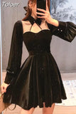 Vintage Velvet Black Dress Stand Neck Lantern Sleeve Party Robe High Waist Slim Vestidos Korean Elegant Dresses