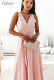 For Women 2023 Sexy Loose Slim V Neck Solid Color Long Dresses White Sleeveless Elegant Party Evening Robe Maxi