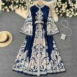 Dress New Retro Print Collar Collar Horn Sleeve Dress Women's Single Buckle Large Irregularly Folded Long