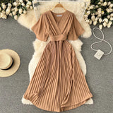 Pleated Dress Women Short Sleeve V Neck Solid A-line Dresses 2022 New Summer Chiffon Vacation Beach
