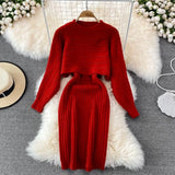 Beading Knitted Women Sets Loose Long Sleeves Sweater+ Solid Elastic Dress French Style Casual Two Piece