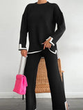 Women Casual Contrast Slit Sweater Suits O-Neck Knitted Pullover And Wide Leg Pants Female 2 Piece Set Elegant Warm Lilac