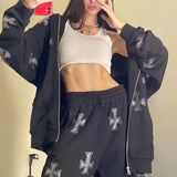 Y2K Fashion Rhinestone Hoodies Women Hip Hop Joggers Sweatshirt Korean Oversized Zipper Sport Coat Ladies Gothic Jacket