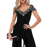 Women New Summer 2023 One Piece Solid Casual High Waist Jumpsuit V Neck Wide Leg Long Pants Overalls Office Lady