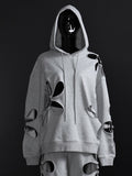 Fashion Women's Hooded Loose Round Neck Full Sleeve Irregular Hollow Out Flower Gray Thin Pullover Summer 2023 New