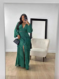 2025 Elegant Splicing Long-Sleeved V-Neck Dress Women's