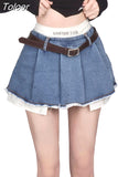 Sexy Korean Denim Micro Skirt Women Y2K High Waist Irregular Patchwork Fake Two-piece Pleated Mini Skirt