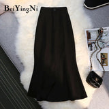 Black Midi Skirt Women High Waist Solid Color Elegant Casual Street Office Ladies Skirts Split Summer OL Mermaid