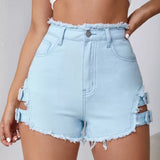 Trendy Hottie Sexy Retro Hairy Side On Both Sides Of The Hollow Can Adjust Denim Super Shorts Hot
