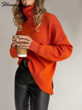 Split Warm Turtleneck Pullover Sweater Women Oversize Winter Top Soft Basic Green Oversized Sweater For Women