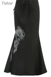 Gothic Mermaid Skirt Long Women Vintage Chinese Dragon Print High Waist Lace Up Slim Goth Black Maxi Skirt