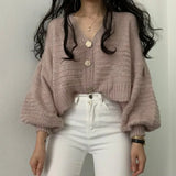 Party Sannian Women Weater Simple V-neck Big Button Loose Solid Color Lantern Sleeve Short Knit Cardigan Sweater Women Tops