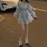Square Neck Puff Sleeves Glossy Dress Women Casual Long Sleeve Vintage Y2k Bow Mini Dress 2022 Spring Korean Party
