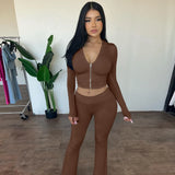 Toloer Style New Zip Long Sleeve Hooded Top High Waist Horn Trousers Fashion Two-Piece Suit Girl-Outfit