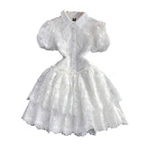 Summer Retro Temperament Elegant Collar Single Buckle White Lace Embroidery A Word Cake