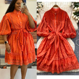 Spring And Summer New Lantern Sleeve Retro Hollow Lace Splicing Single Buckle Loose Lace Dress Dress