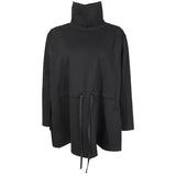 2023 New Spring Autumn High Collar Long Sleeve Black Loose Pocket Drawstring Big Size T-shirt Women Fashion Tide