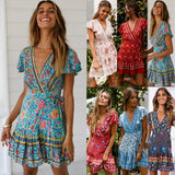 New Summer V-Neck Sexy Bohemian Print Dress Skirt Women's