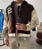 Winter Brown Printed Patch Turndown Collar Zipper Hip Hop