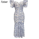 Elegant Women Evening Dress Sexy Casual Floral Square Collar Skinny Pleated Midi Club Vacation Robe Femme Mujer