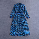 Print Dress For Women Stand Collar Long Sleeve High Waist Hit Color Hollow Out Midi Dresses Female 2023 Fashion