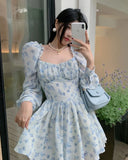 Floral Mini Chiffon Dress Korean Women 2022Spring Summer Elegant Sexy Square Neck Puff Sleeves High Waist Party