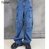 Blue High Waist Cargo Jeans Women Multi Pockets Long Casual Denim Mom Jeans Harajuku 90s Retro Vintage Baggy